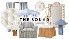 Hamptons-inspired decor, including a clam-motif oyster server, swivel armchair, wicker floral bouquet, tassel umbrella, scalloped ottoman, shell mirror, nautical hook, and ceramic table lamp