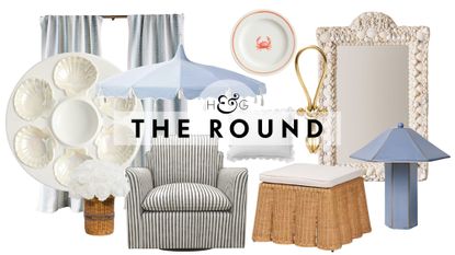 Hamptons-inspired decor, including a clam-motif oyster server, swivel armchair, wicker floral bouquet, tassel umbrella, scalloped ottoman, shell mirror, nautical hook, and ceramic table lamp