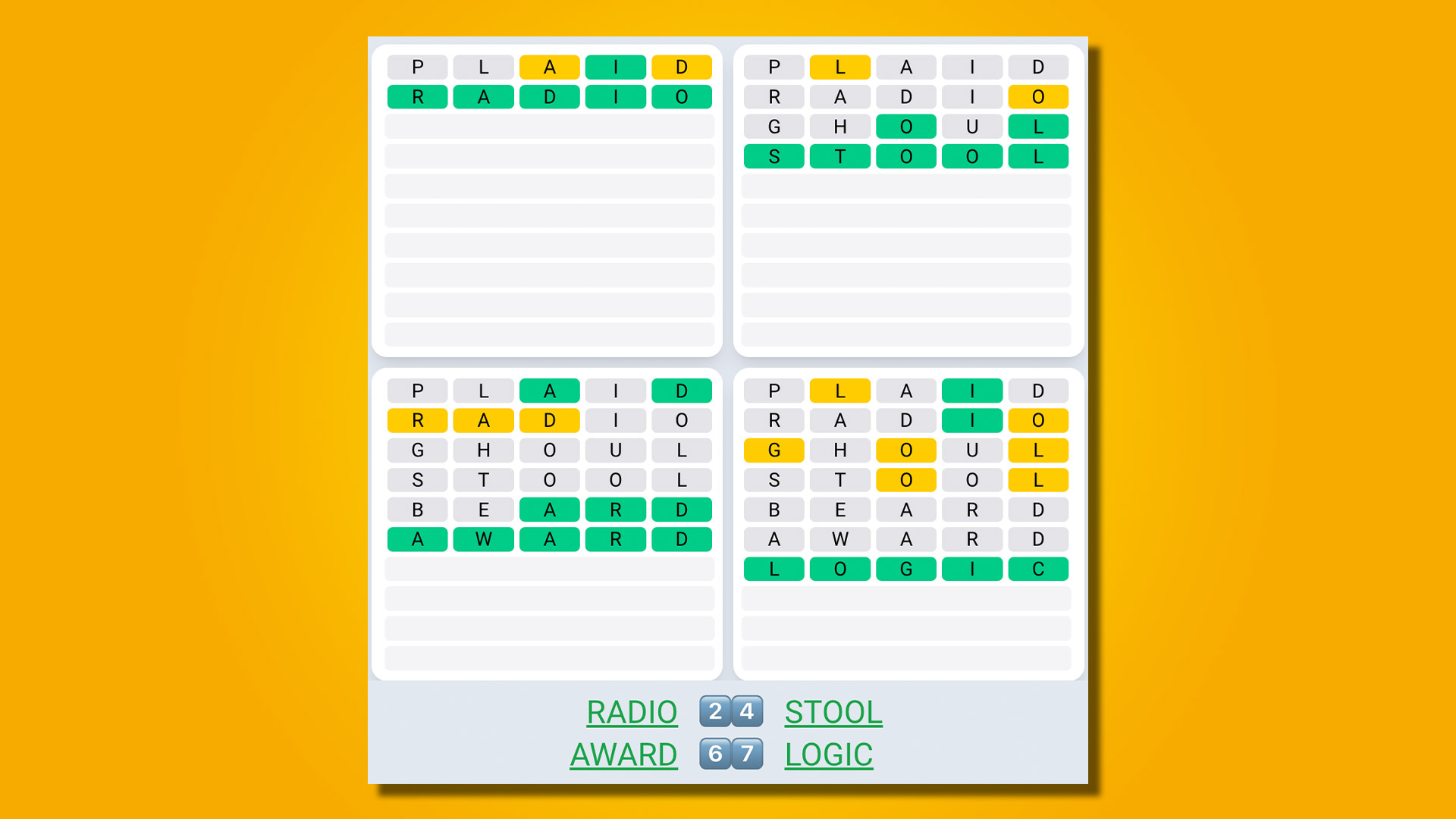 Quordle Daily Sequence answers for game 494 on a yellow background