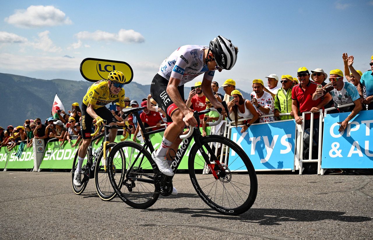 Jonas Vingegaard and Tadej Pogacar on the Planche des Belles Filles in the 2022 Tour de France. 