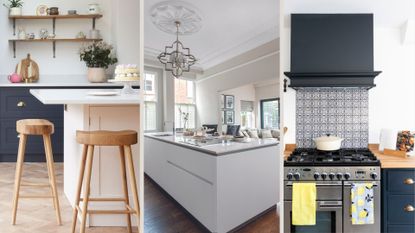 Compilation mage of three kitchens showing show to make a kitchen look expensive on a budget using paint, lighting and decorative splash backs