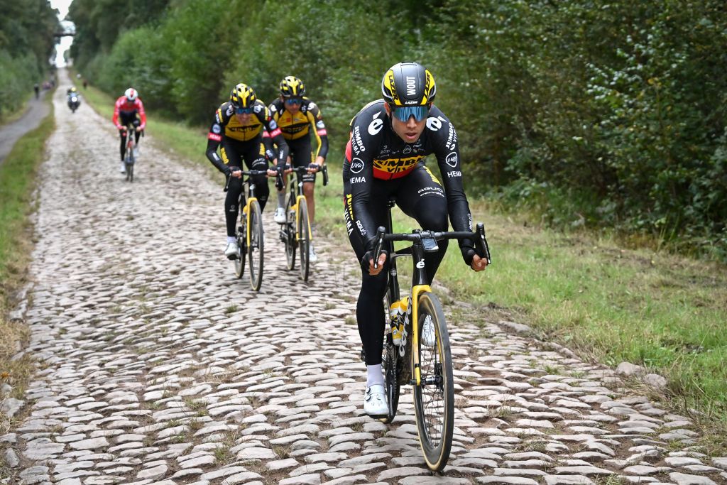 Belgian Wout Van Aert of Team JumboVisma pictured in action during a training session ahead of the 118th edition of the ParisRoubaix one day cycling race from Compiegne near Paris to Roubaix Thursday 30 September 2021 Due to the ongoing corona virus pandemic the 2020 edition was cancelled and the 2021 edition was postponed from spring to autumn For the first time there will be a womens race ParisRoubaix as well BELGA PHOTO DAVID STOCKMAN Photo by DAVID STOCKMANBELGA MAGAFP via Getty Images