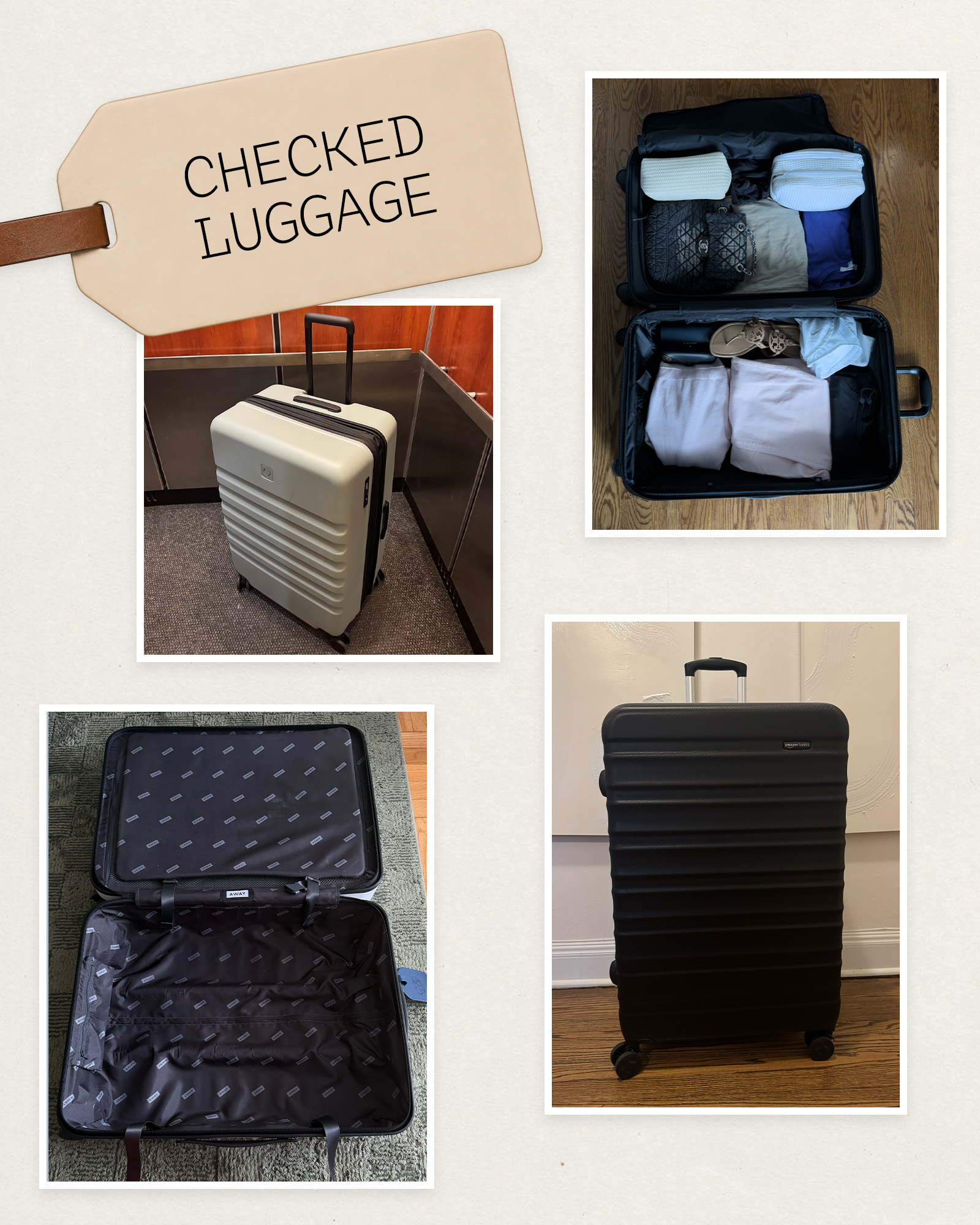 Collage of checked luggage.