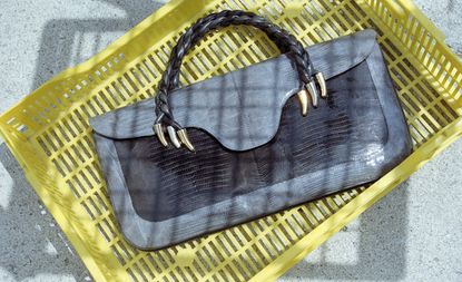 Lizard skin and box calf leather handbag with plaited handles, 1971