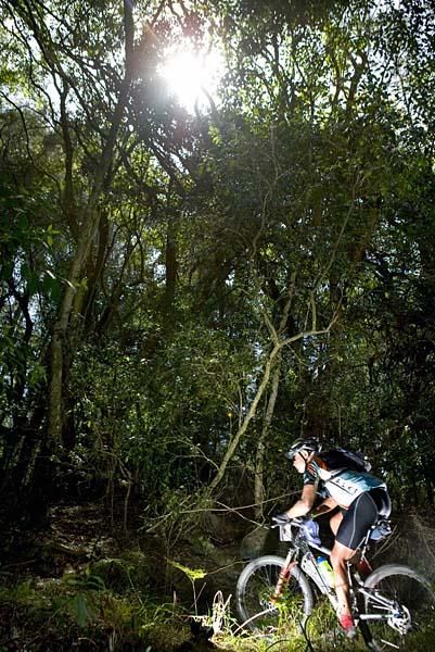 This racer's path is lit by the sun.