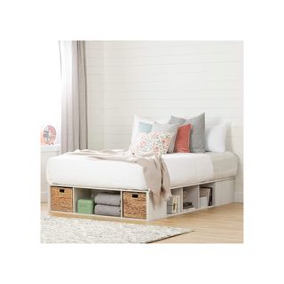Queen Storage Bed with Baskets, Winter Oak and Rattan