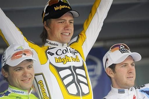 The final podium: Aleksandr Kuschynski (Liquigas), Edvald Boasson Hagen (Columbia) and Matthew Goss (Saxo Bank).