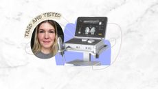 an image of beauty editor Fiona McKim in a grey jumper next to the Ultherapy Prime machine, on a purple and grey marble backdrop