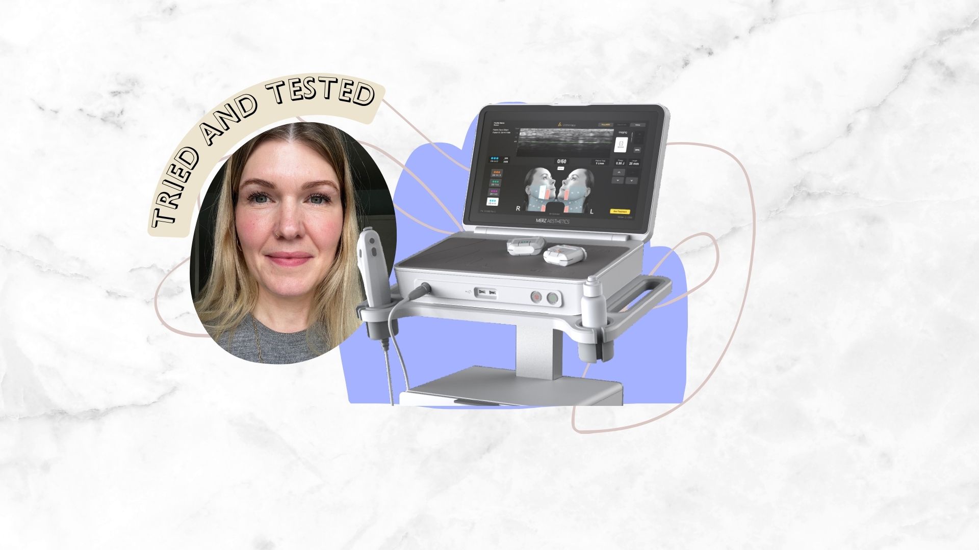 an image of beauty editor Fiona McKim in a grey jumper next to the Ultherapy Prime machine, on a purple and grey marble backdrop