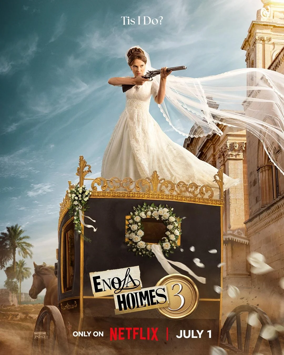 Enola Holmes in a wedding dress on the back of a horse drawn carriage brandishing a shotgun