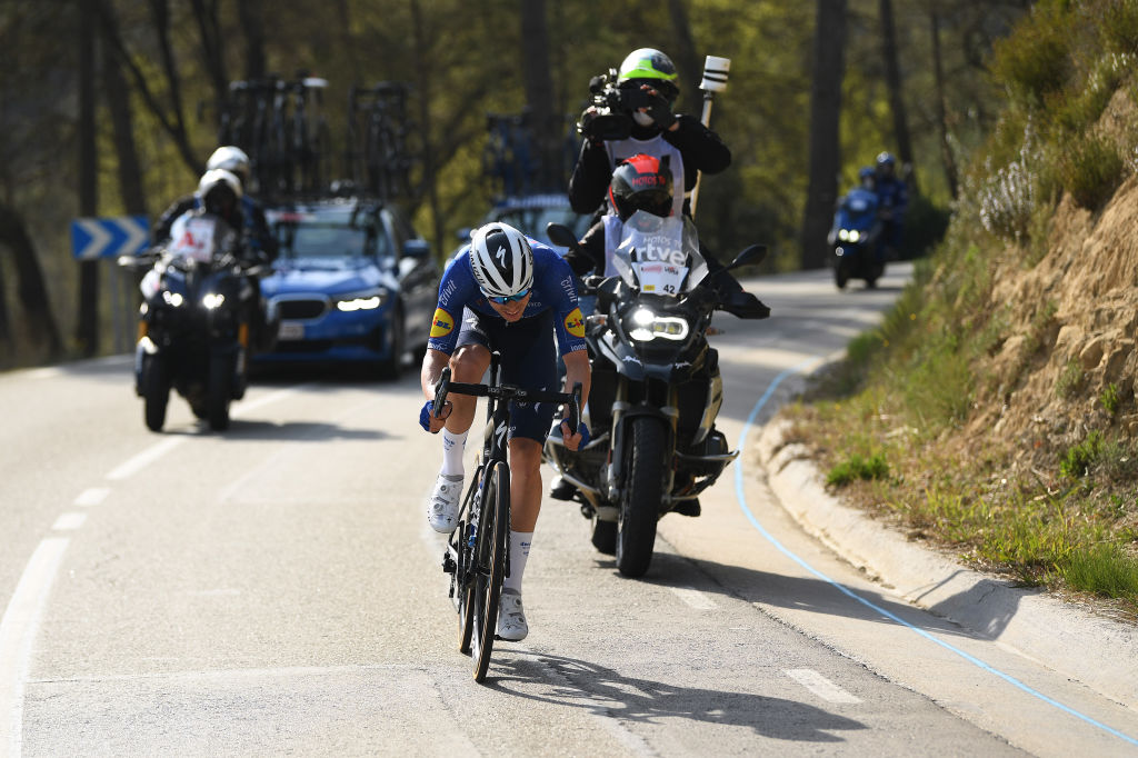 MANRESA SPAIN MARCH 26 Rmi Cavagna of France and Team Deceuninck QuickStep during the 100th Volta Ciclista a Catalunya 2021 Stage 5 a 2015km stage from La Pobla De Segur to Manresa 220m Breakaway VoltaCatalunya100 on March 26 2021 in Manresa Spain Photo by David RamosGetty Images