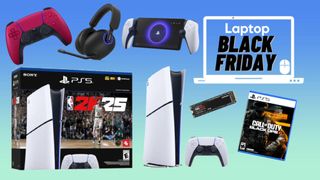 PS5 console bundle, volcanic red PS5 dualsense controller, playstation portal, Sony Nvme SSD, and call of duty black ops for PS5 game against blue and green graident background