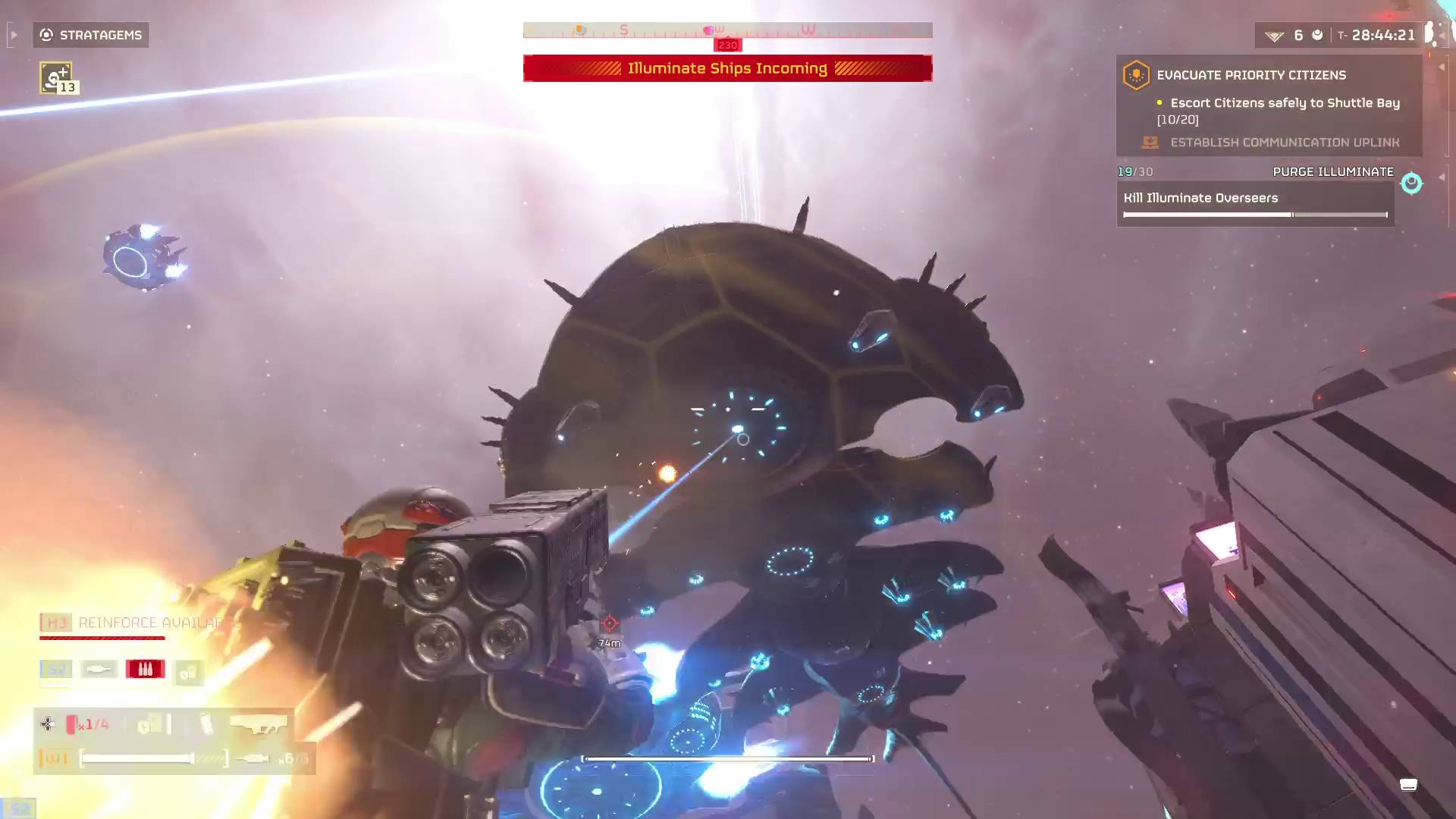 Helldivers 2 helldiver firing commando rocket at illuminate leviathan ship