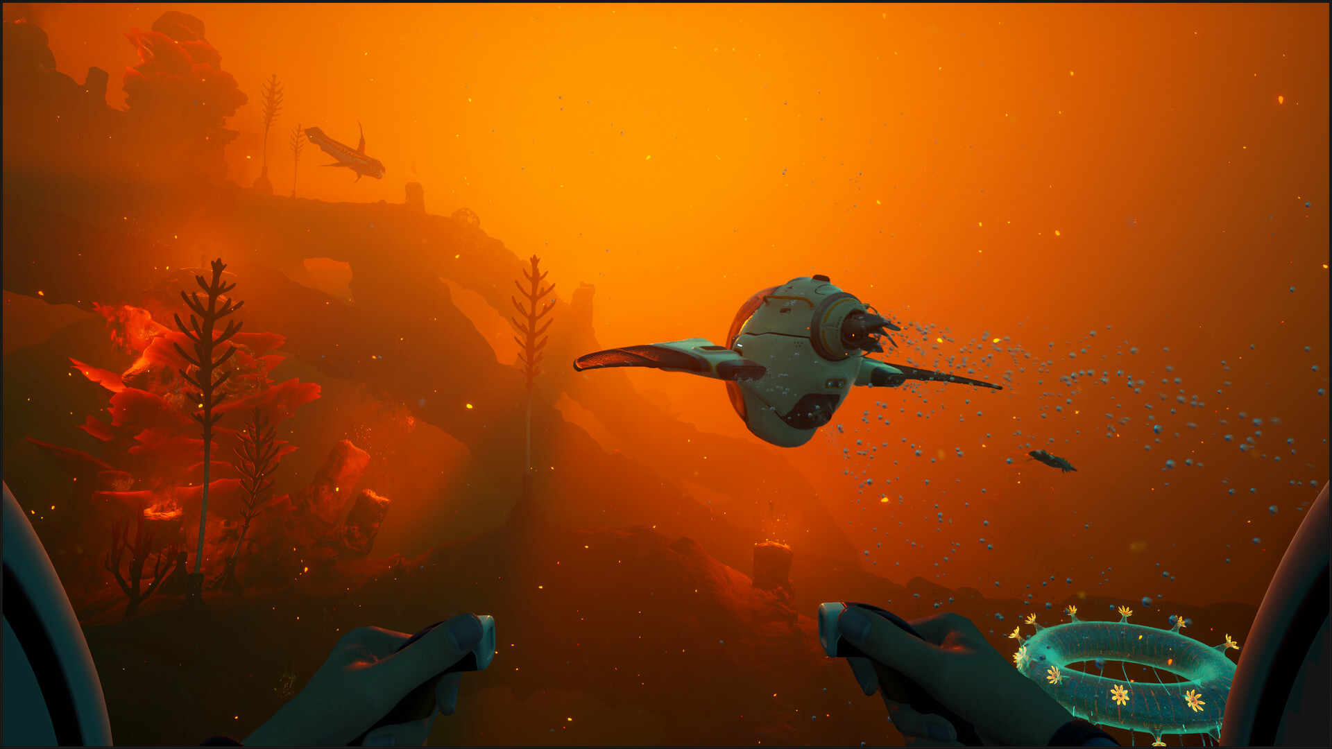 A subnautica 2 screenshot showing the ocean filled with warm orange light, while two submersibles move through it
