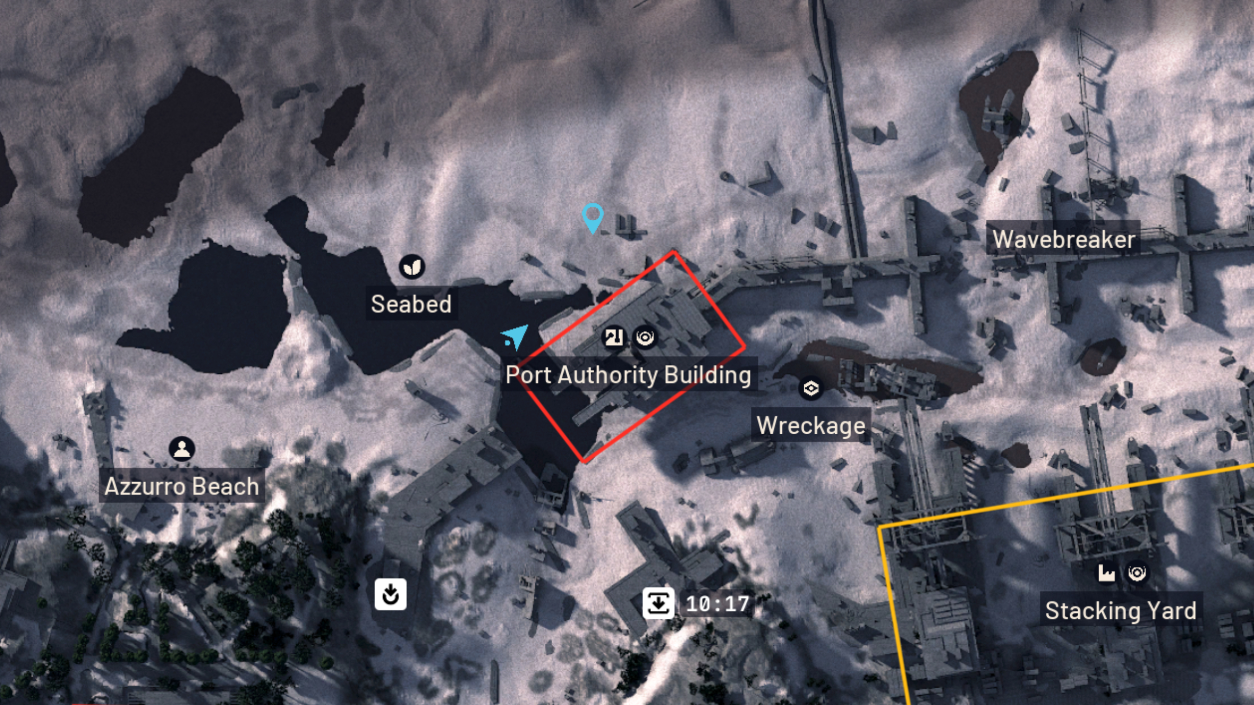 Arc Raiders Beachcombing: A map of Riven Tide, focusing on the Seabed and Port Authority Building areas to the north.