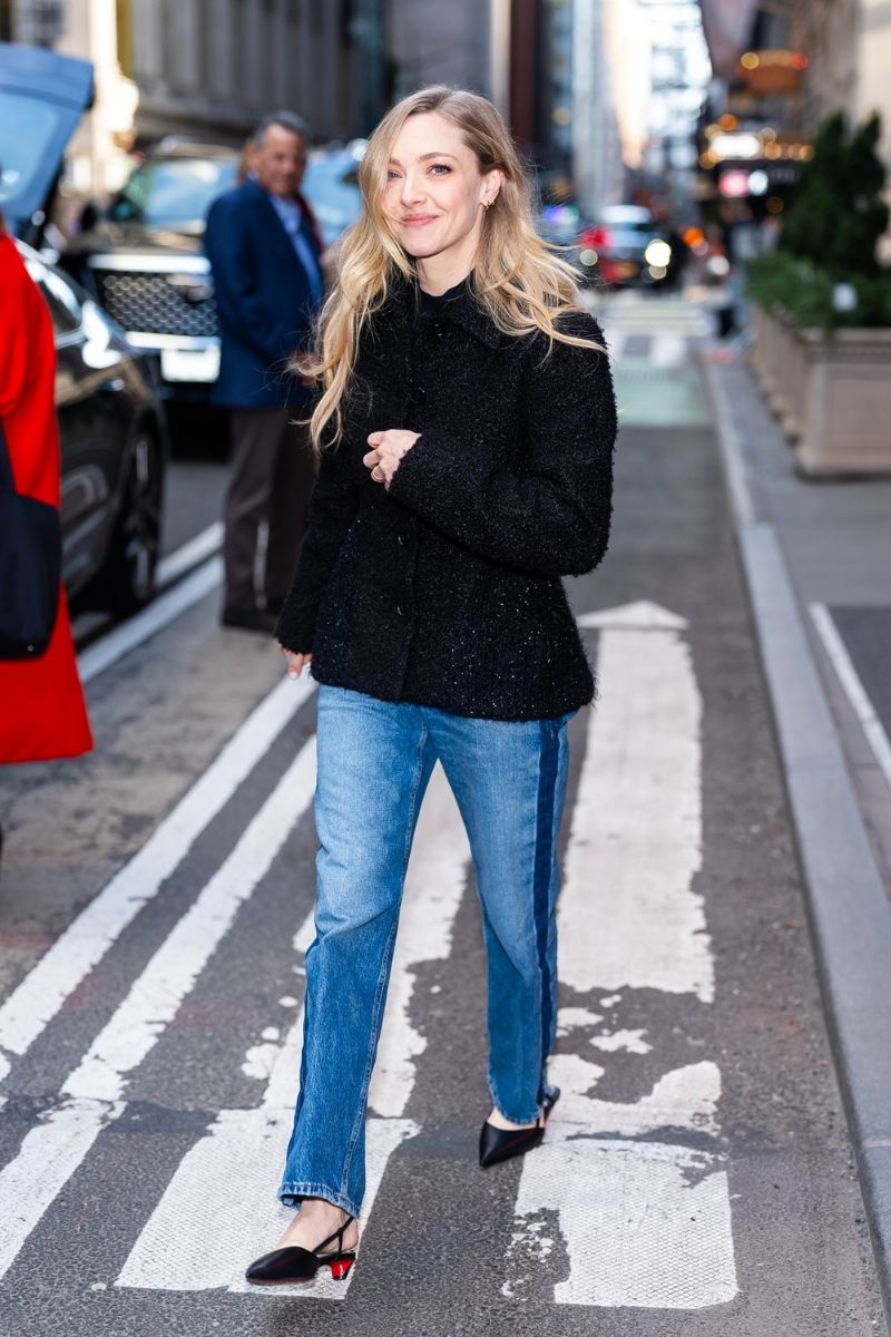 Amanda Seyfried denim jeans and boucle jacket