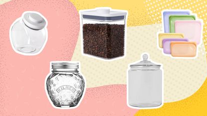 A selection of pantry storage containers on yellow and pink background