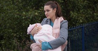 Sienna Blake tries to run away from Joel Dexter and Maggie Kinsella in Hollyoaks.