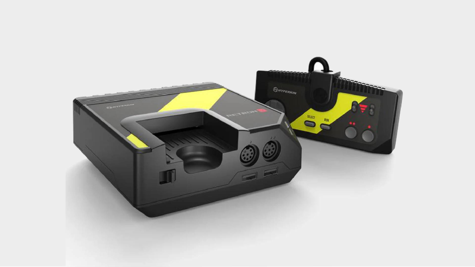 Front view of Hyperkin Retron GX next to controller with grey backdrop.