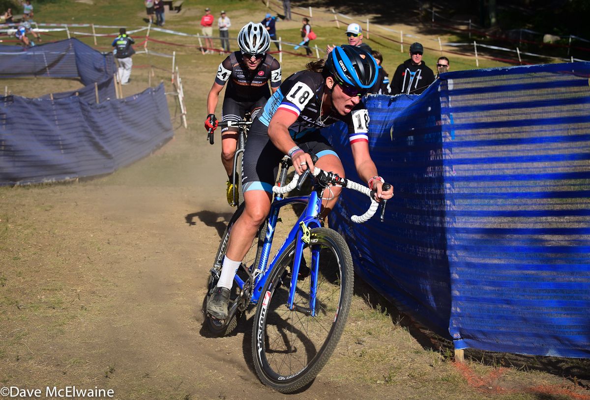 Caroline Mani (Raleigh Clement) riding in third position early in the race