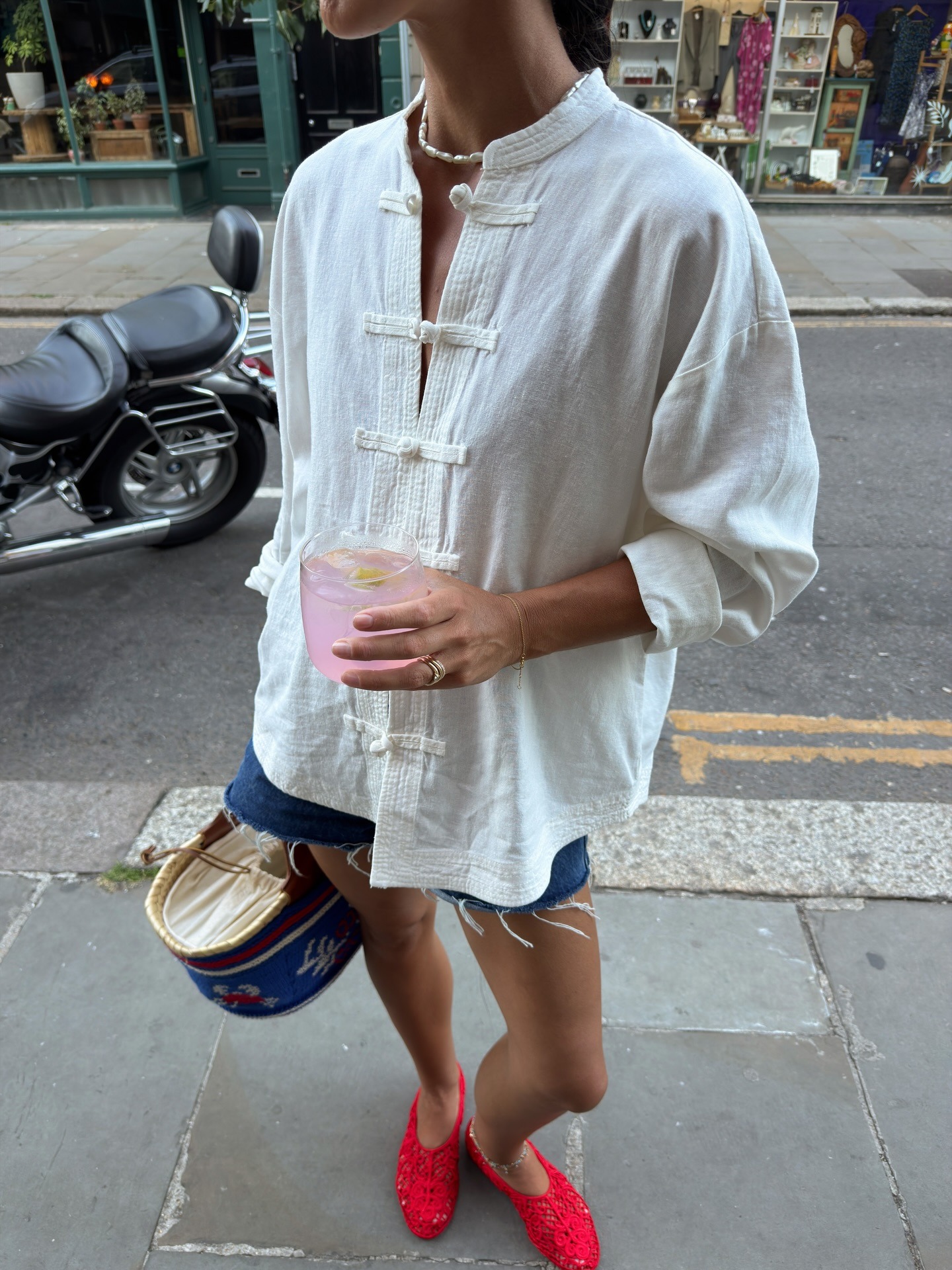 Emily wearing Zara Linen Frog-Fastening Shirt