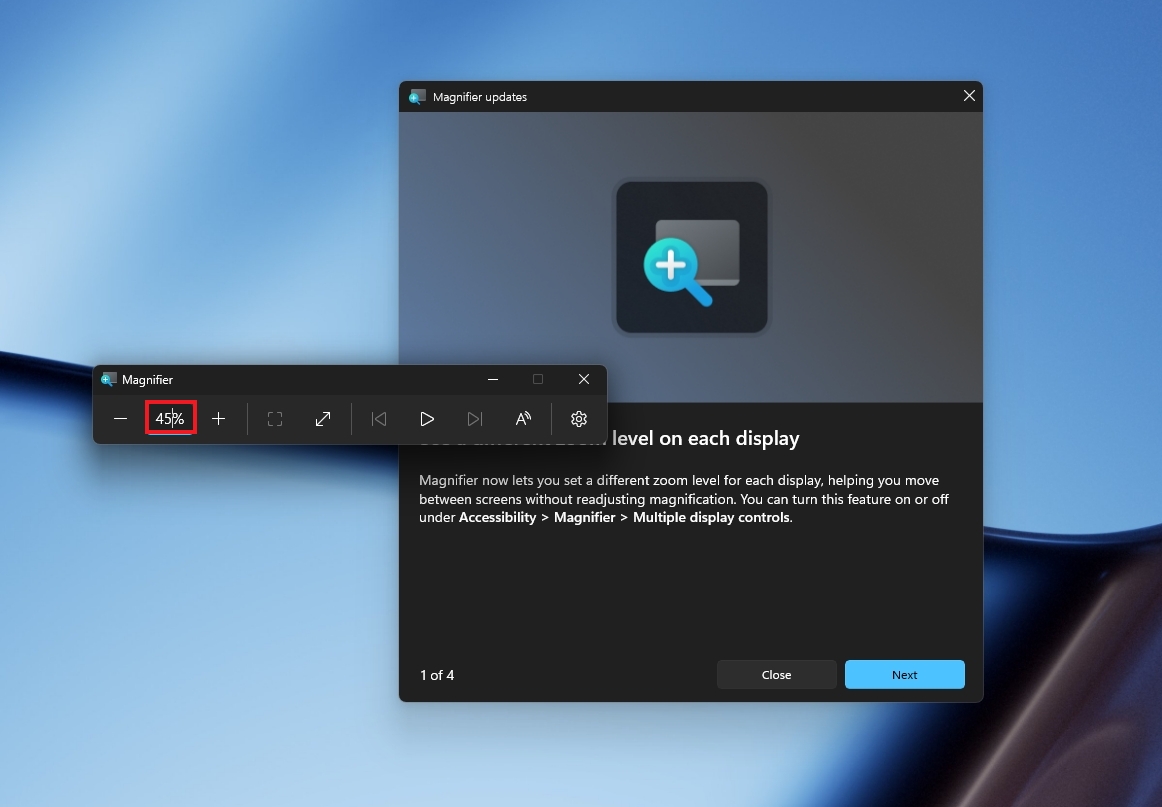 Windows 11 desktop with Magnifier new zoom controls.