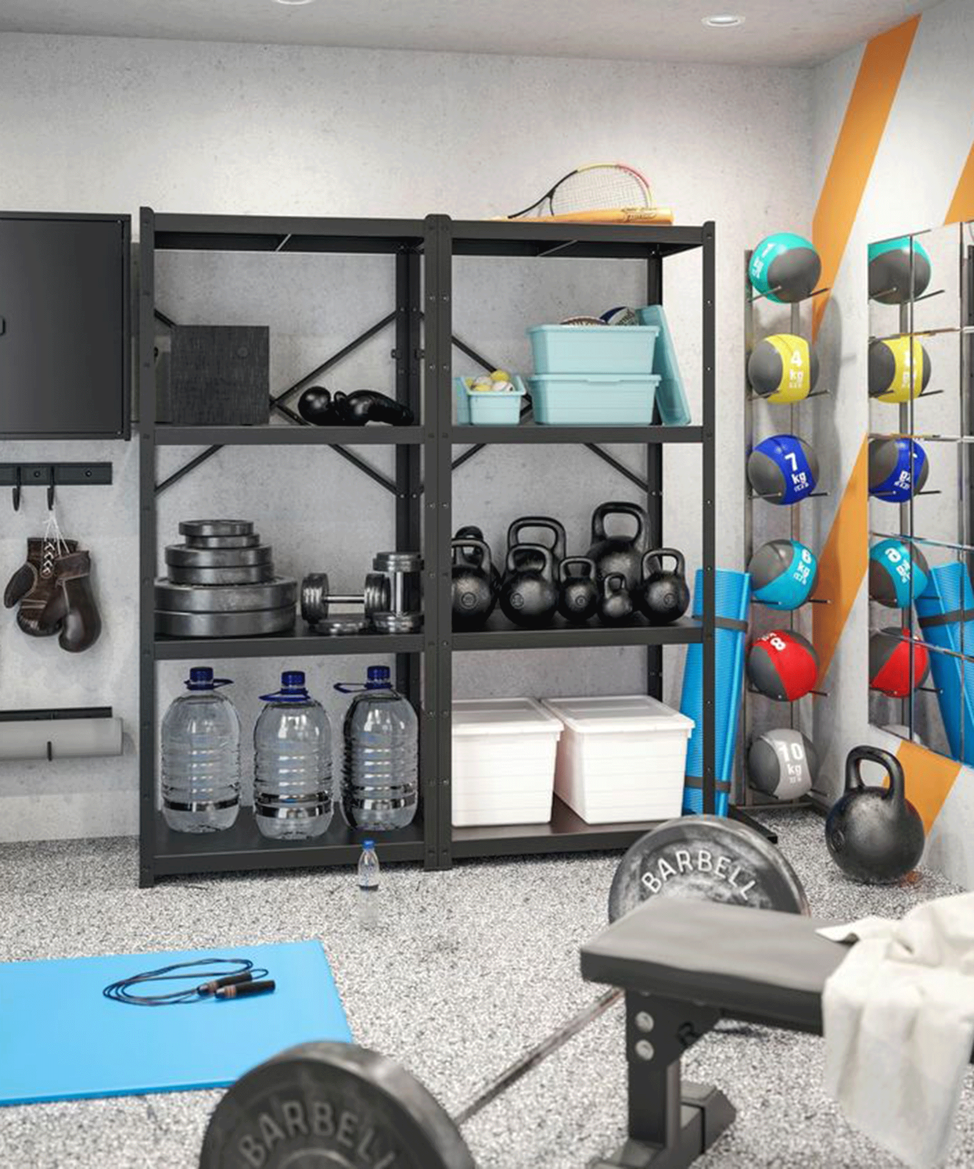 A garage home gym setup with black Ikea bror storage unit
