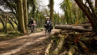 Two female cyclists riding through woodland
