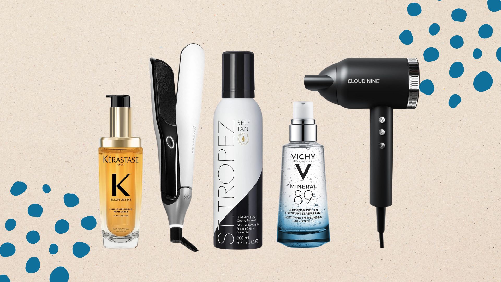 a selection of products in the Amazon Prime Day beauty deals - Kerastase oil, ghd Chronos, St Tropez tanning mousse, Vichy hyaluronic acid serum and Cloud Nine Airshot Pro - on a beige background with blue dots