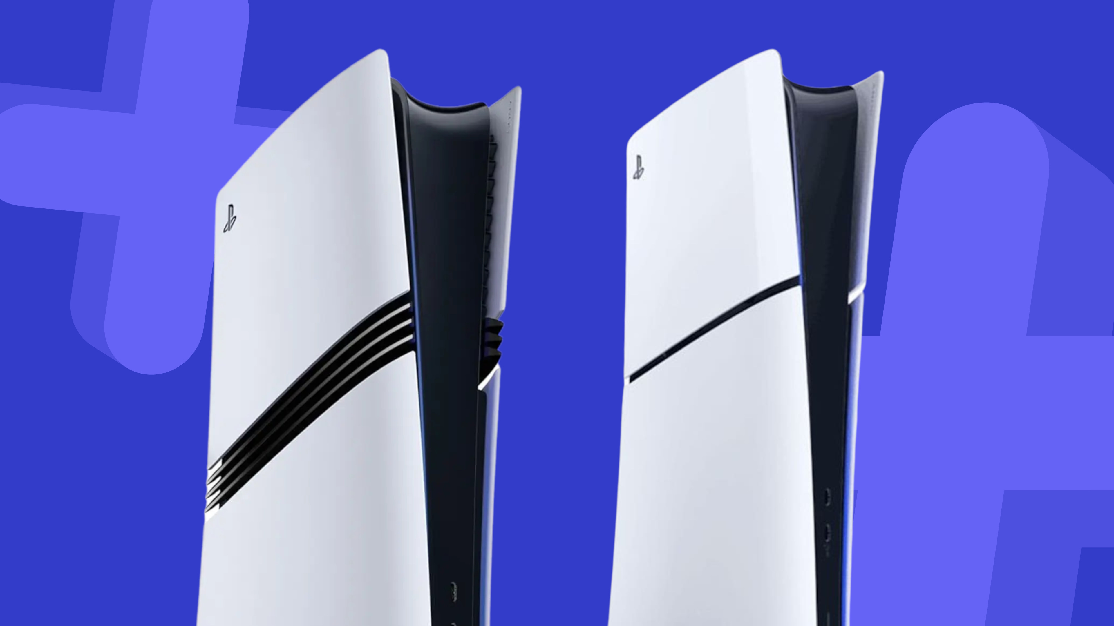 PS5 Pro and PS5 Slim consoles on a blue background