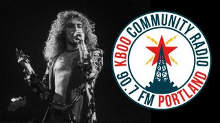 Robert Plant onstage in 1970, and the KBOO logo