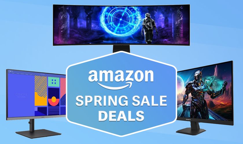 Monitors on a blue background with Amazon Spring Sale tag overlaid