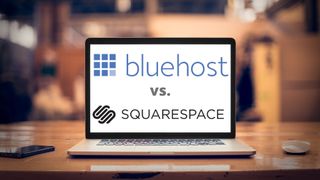 Bluehost and Squarespace logo on a laptop screen on a table