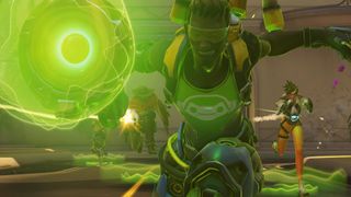 Lucio with overhealth charing forward with Tracer and Cassidy behind