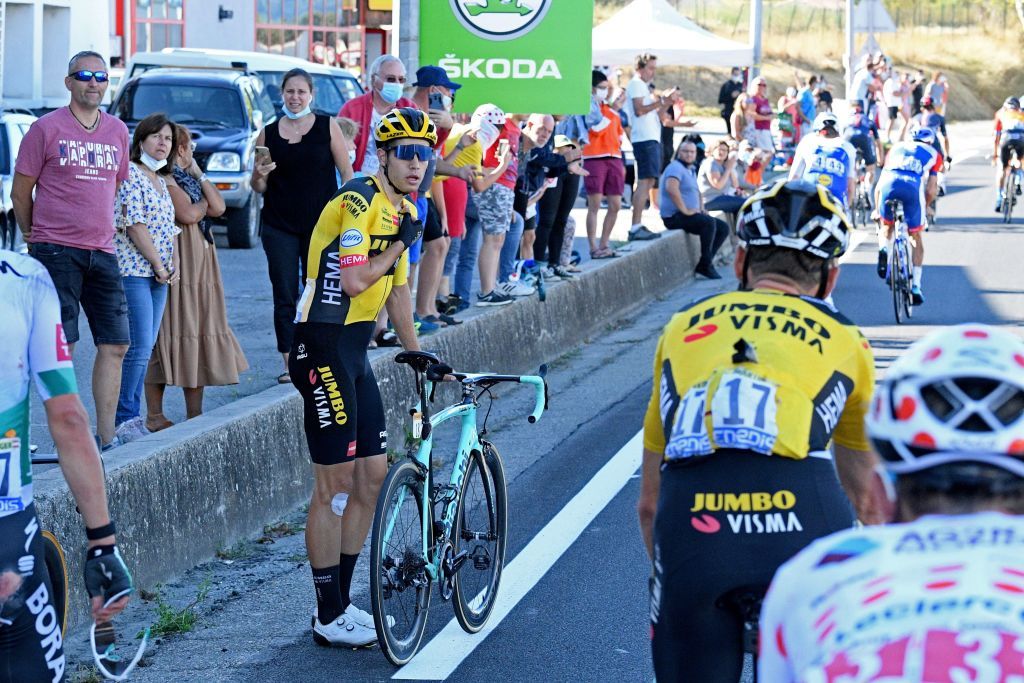 Team Jumbo rider Belgiums Wout van Aert L stands on the road after crashing during the 3rd stage of the 107th edition of the Tour de France cycling race 198 km between Nice and Sisteron on August 31 2020 Photo by Franck FAUGERE POOL AFP Photo by FRANCK FAUGEREPOOLAFP via Getty Images