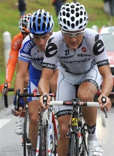 Heinrich Haussler (Cervelo) leads the three-man breakaway.