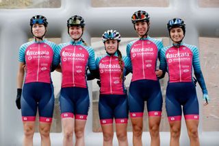 HOOGEVEEN NETHERLANDS OCTOBER 23 LR Daniela Campos of Portugal Aileen Schweikart of Germany Ariana Gilabert Vilaplana of Spain Sandra Alonso Dominguez of Spain Marina Garau Roca of Spain and Team Bizkaia Durango during the team presentation prior to the 17th UCI Womens WorldTour Ronde van Drenthe 2021 a 1591km one day race from Assen to Hoogeveen UCIWWT RondevDrenthe on October 23 2021 in Hoogeveen Netherlands Photo by Bas CzerwinskiGetty Images