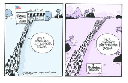 Political cartoon U.S. immigration caravan dream lottery mega millions