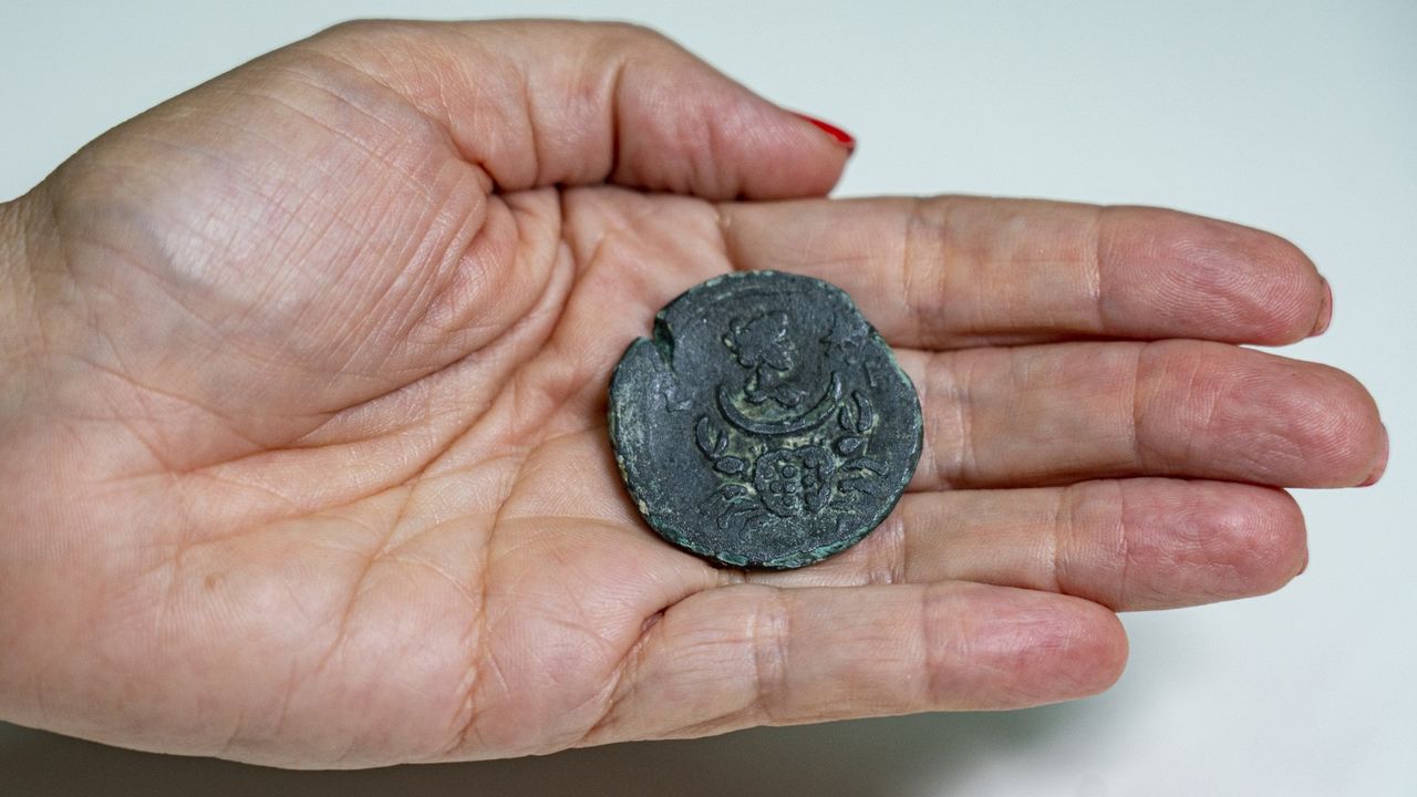 Held in someone's palm is an old coin with the profile of Luna, ancient goddess of the moon. Below her face there is the cancer zodiac sign.
