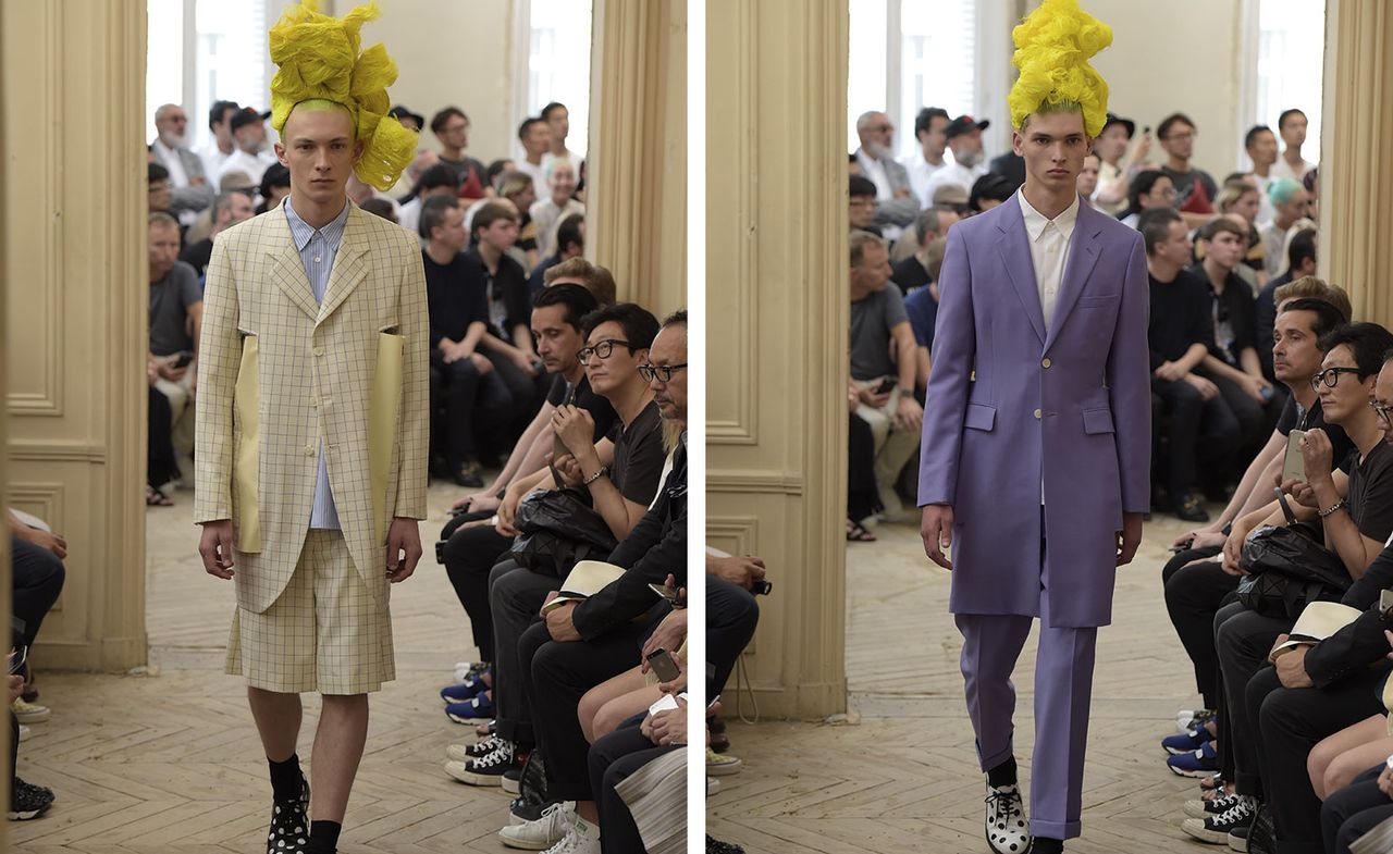 Two images of male models wearing clothing by Comme des Garçons in pastel shades.