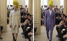 Two images of male models wearing clothing by Comme des Garçons in pastel shades.