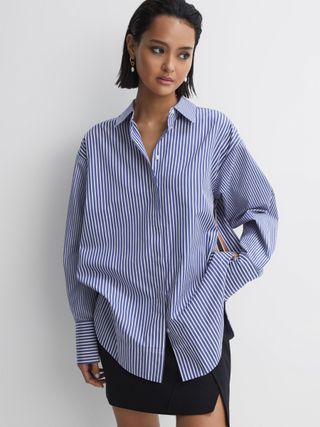Reiss Blue/white Danica Oversized Cotton Side Stripe Shirt