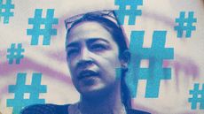 Photo collage of Alexandria Ocasio-Cortez surrounded by floating hashtags, with the US Capitol building in the background