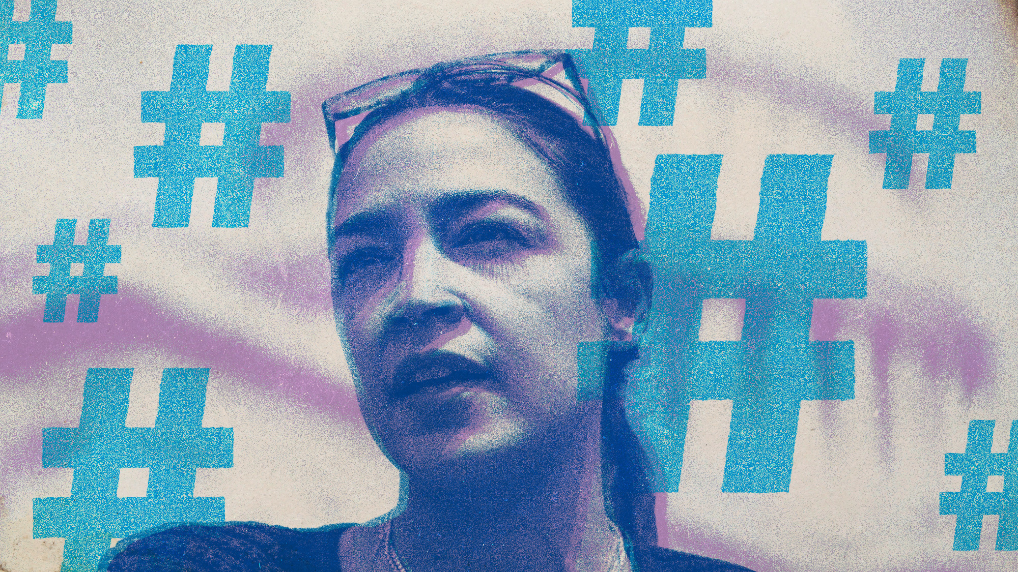 Photo collage of Alexandria Ocasio-Cortez surrounded by floating hashtags, with the US Capitol building in the background