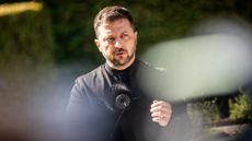 Ukraine's President Volodymyr Zelenskyy attends a press conference at Marselisborg Castle in Denmark