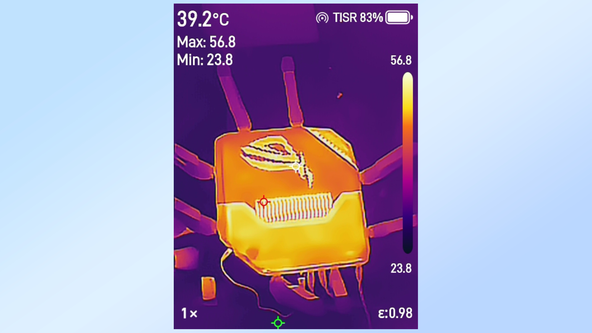 A screenshot showing a picture of the Asus ROG Rapture GT-BN98 Pro taken using a thermal imaging camera