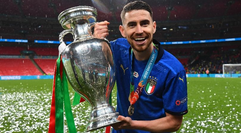 Jorginho celebrates with the Euro 2020 trophy after Italy&#039;s win over England in the final at Wembley.