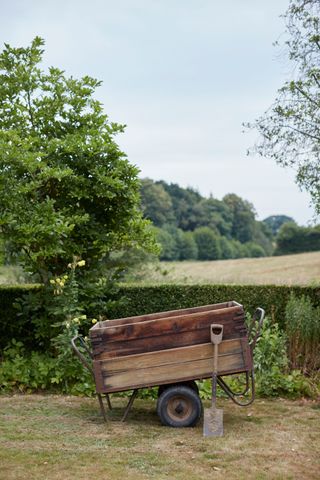 wooden wheelbarrow in garden