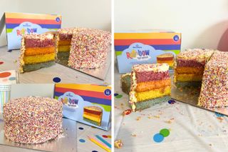 Collage of Morrisons Rainbow Celebration Cake being sliced to reveal rainbow layers