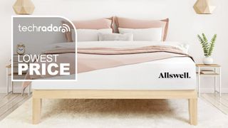 The Allswell X mattress in a bedroom with a badge saying "LOWEST PRICE"